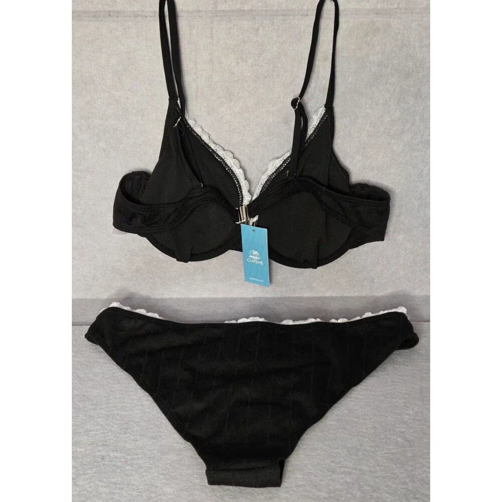 CUPSHE Black/Daisy Bikini Set Sz L Womens Underwire Two Pc Textured Swimsuit NWT